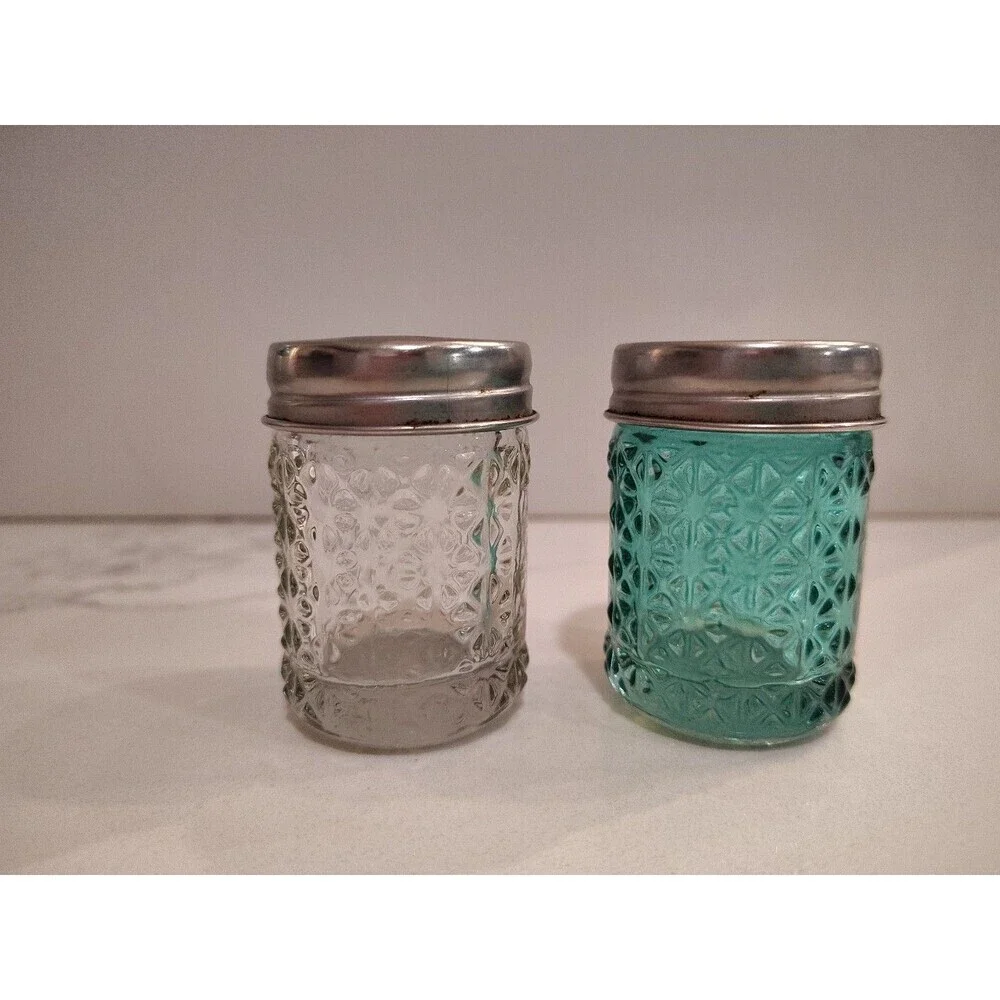 Vintage Glass Salt and Pepper Green and Clear Daisy Sunburst